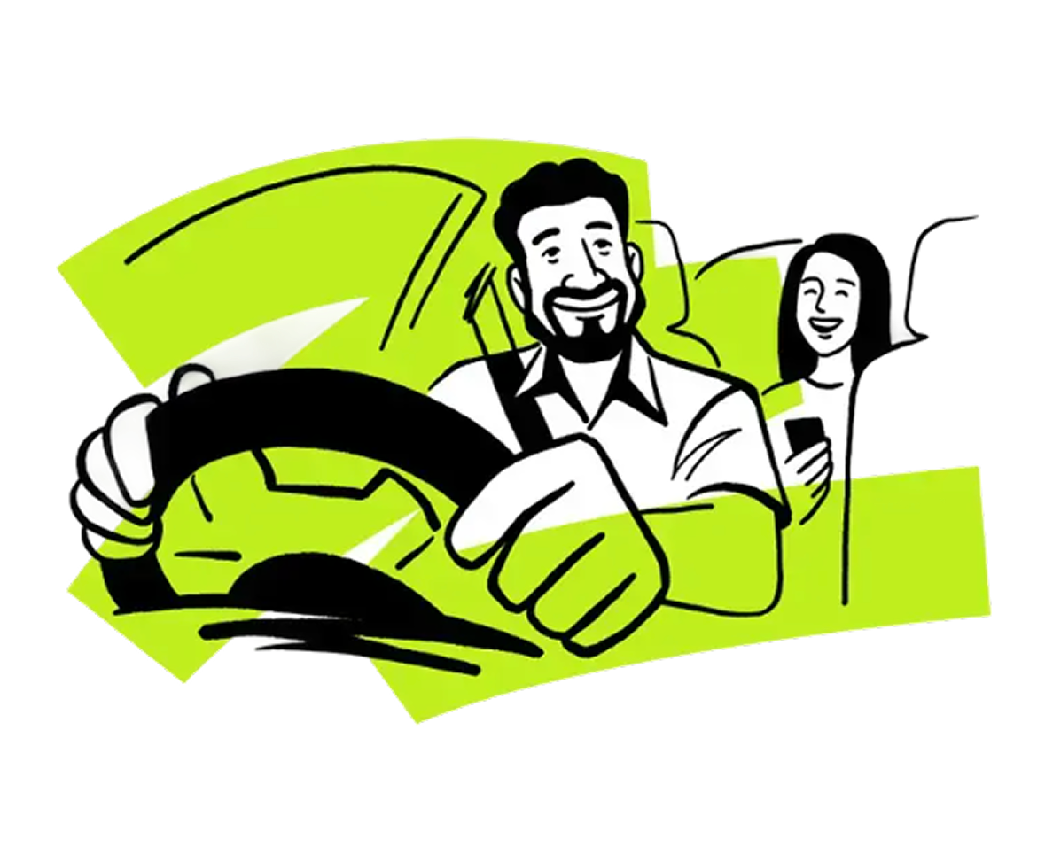 Illustration of a driver at the wheel with a passenger behind him