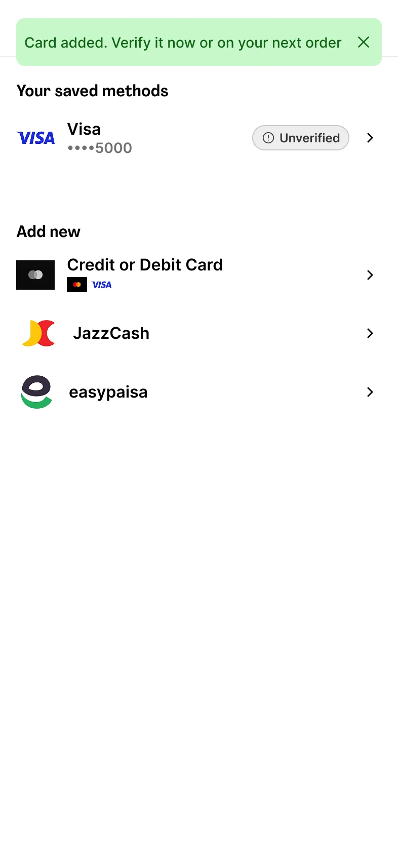 Card saved as Unverified, with the next step