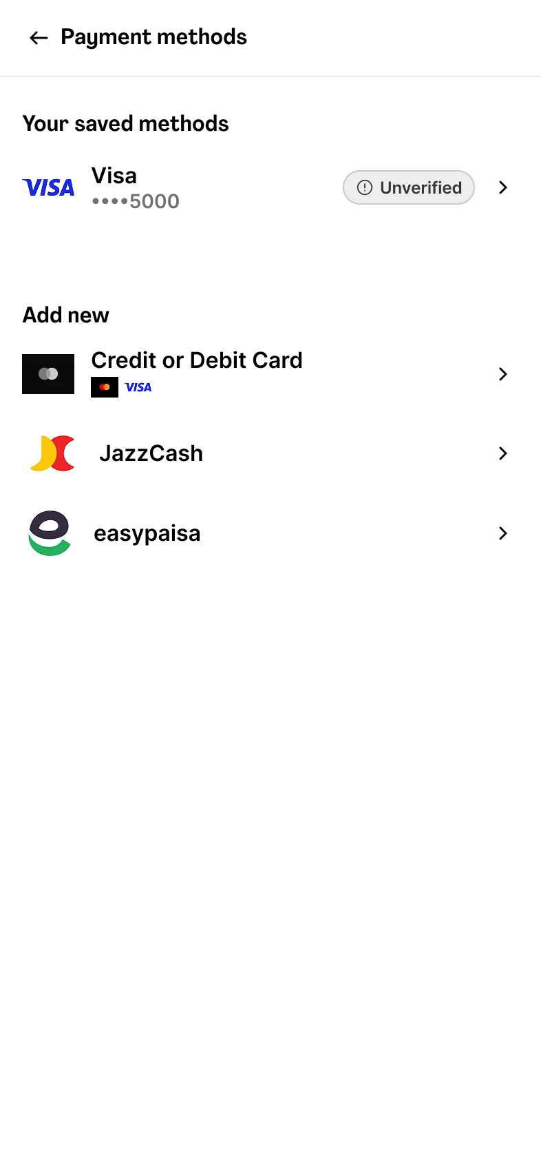 Payment methods with a card marked Unverified