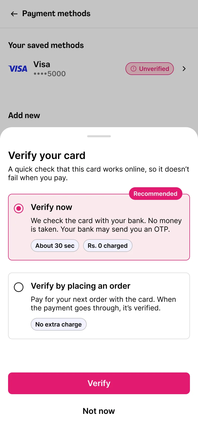 Verify your card sheet: a Rs. 0 check now, or verify with the next order