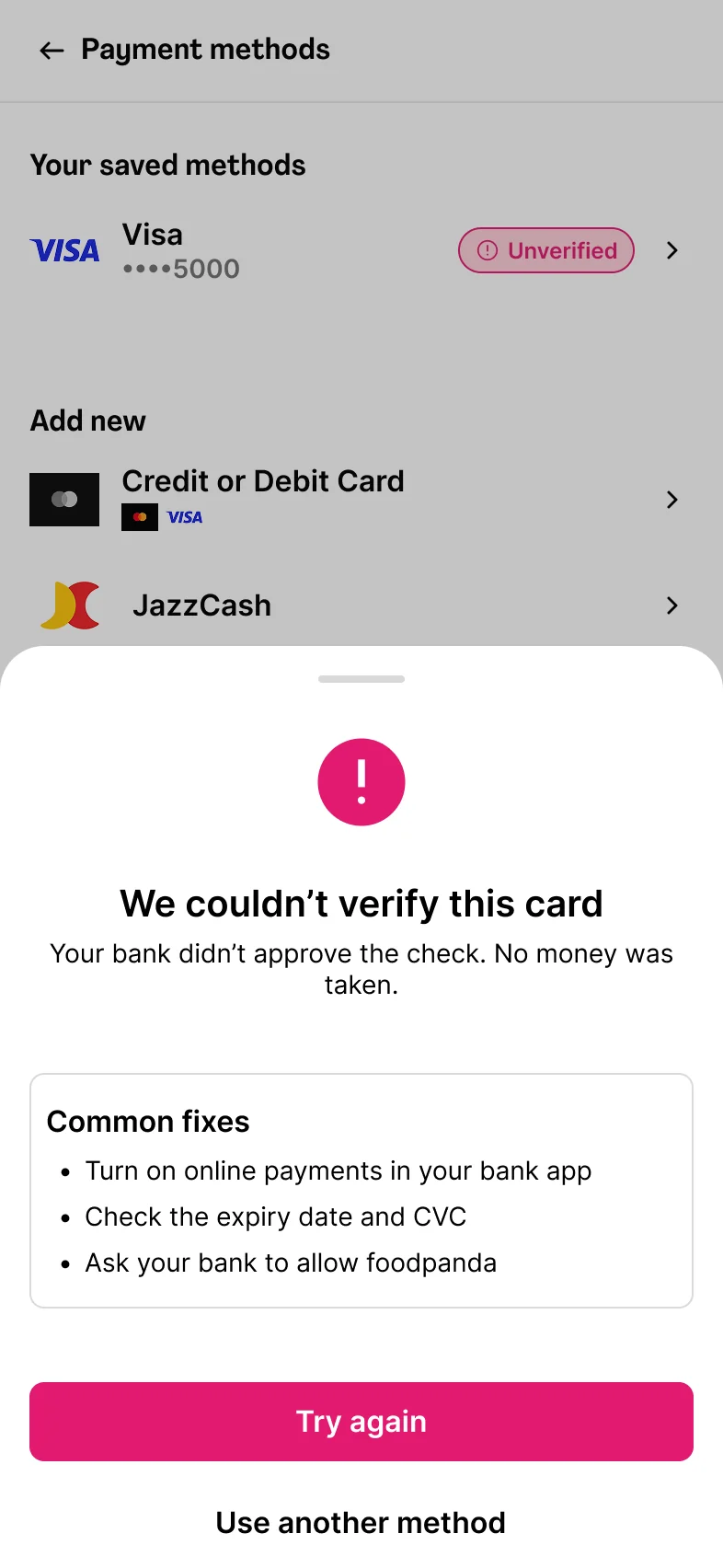 Card not verified: the reason and common fixes, with Try again