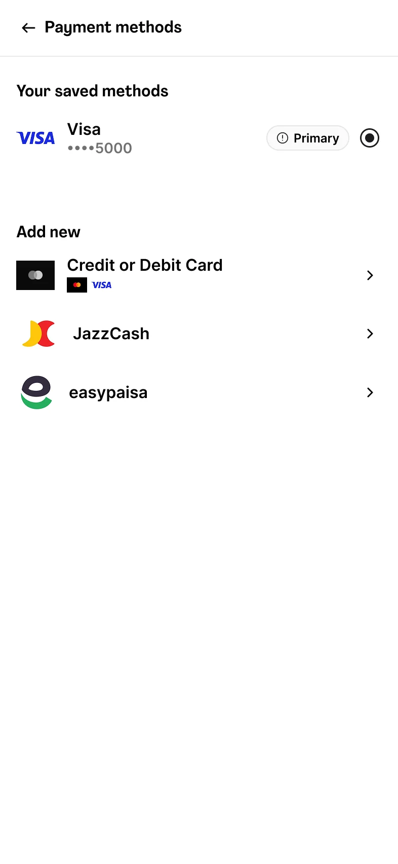 Payment methods with one verified primary card