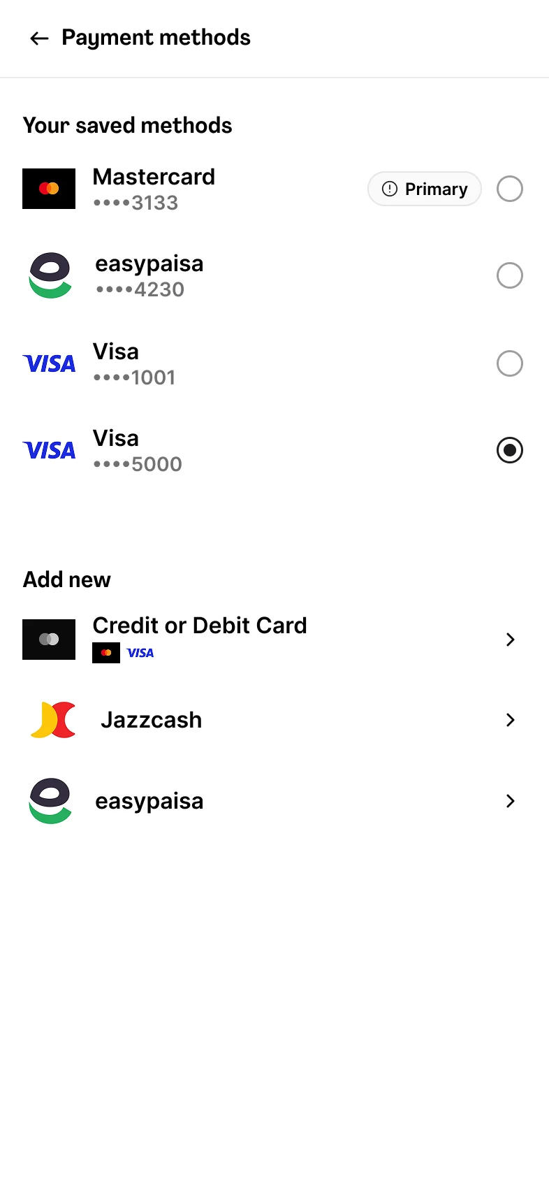 Proposed Payment methods: saved methods, then Add new rows