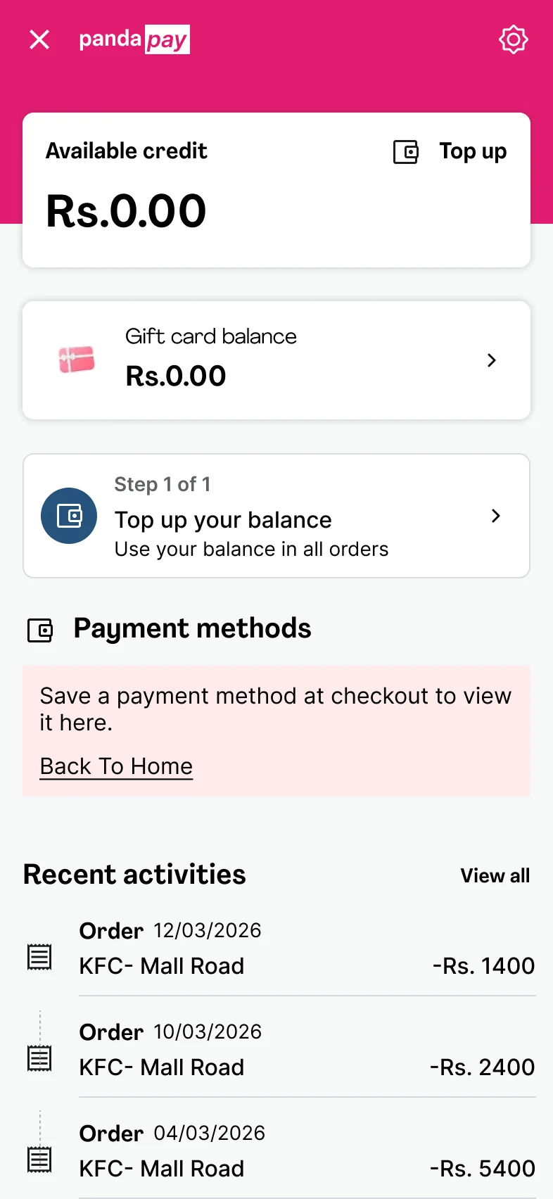 pandapay wallet today: balance, a Top up card and a pink message about payment methods
