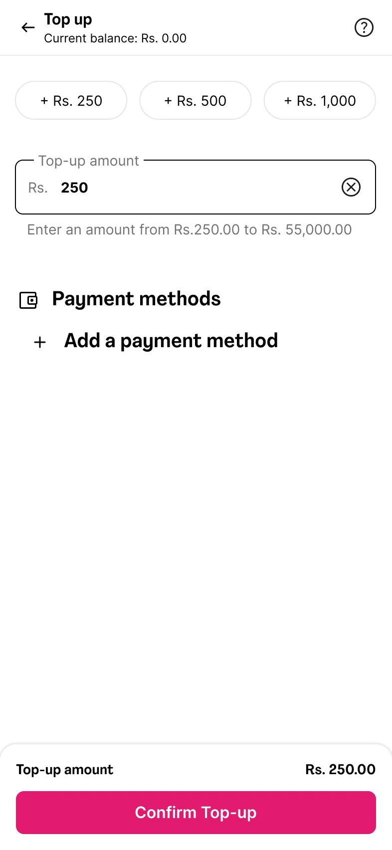 Top up today: a Rs. 250 minimum before the card form