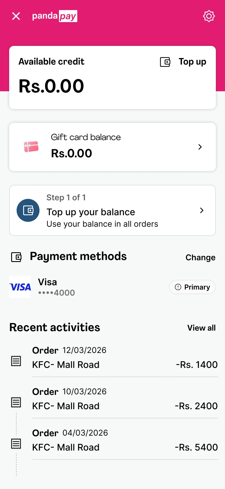 pandapay wallet today with one saved card and a Change link