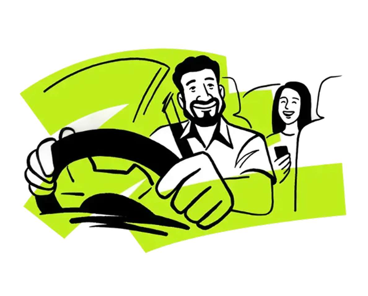 Illustration of a driver at the wheel with a passenger behind him