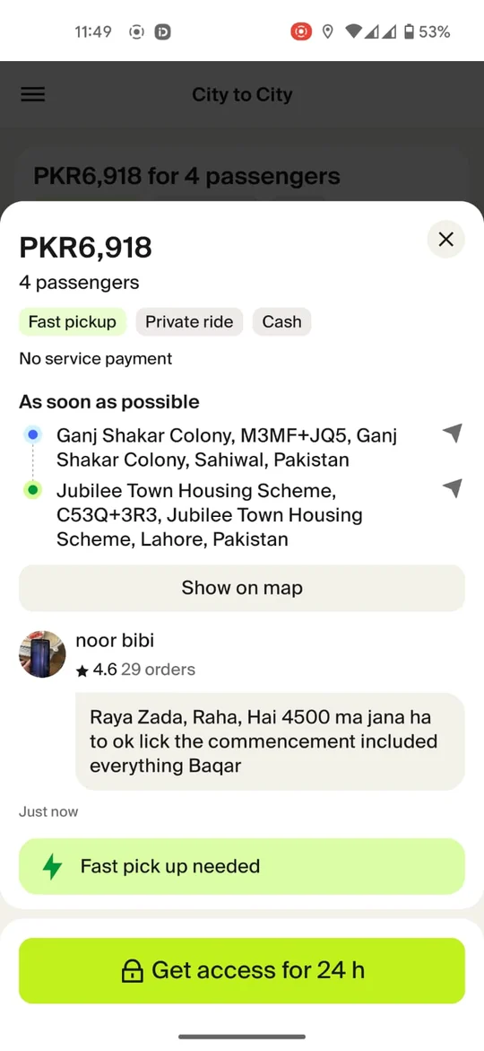 City-to-city offer card, PKR 6,918 for 4 passengers, with two addresses and no distance