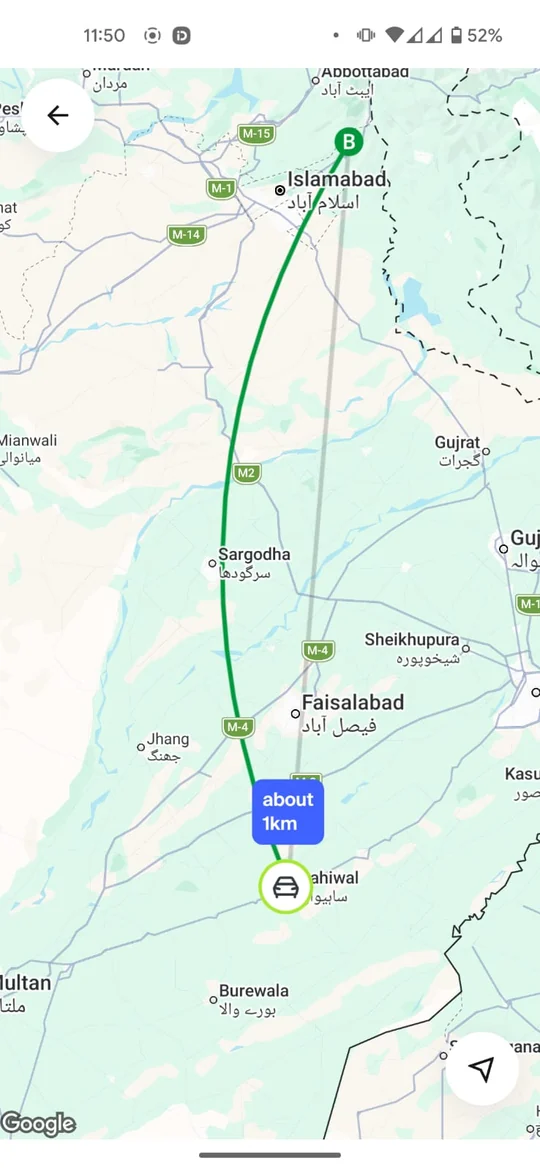 City-to-city map; the only label reads 'about 1km'