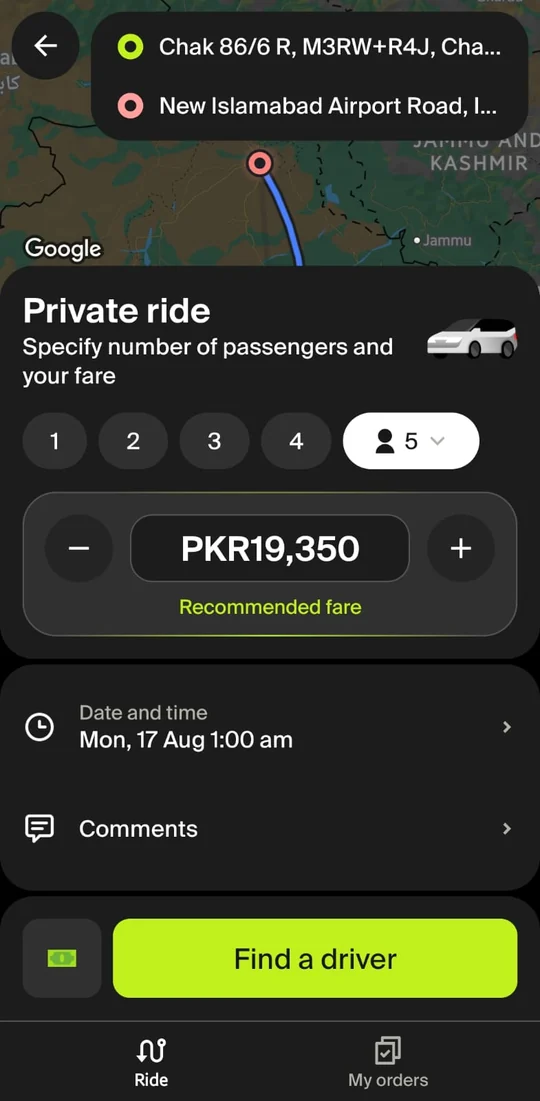 5 passengers: recommended fare PKR 19,350