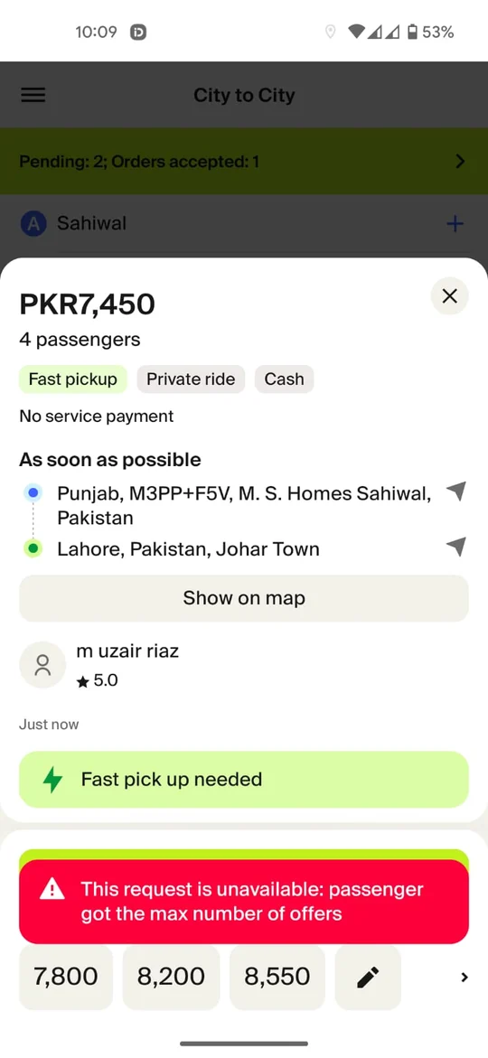Banner: This request is unavailable, passenger got the max number of offers