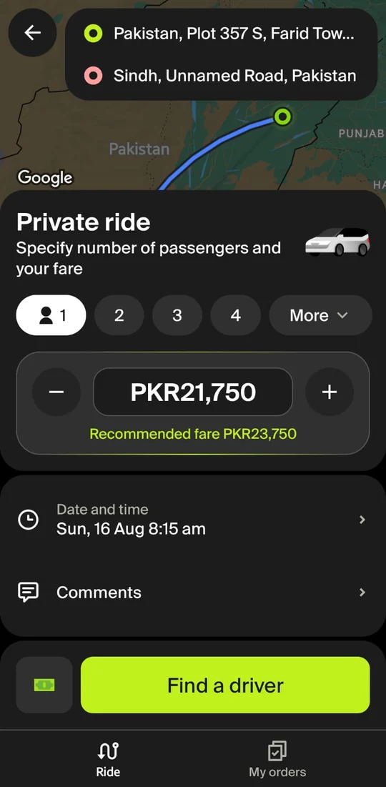 Passenger app showing 'Recommended fare PKR 23,750'