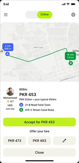 Proposed: 'PKR 52/km • your typical 45/km' under the fare
