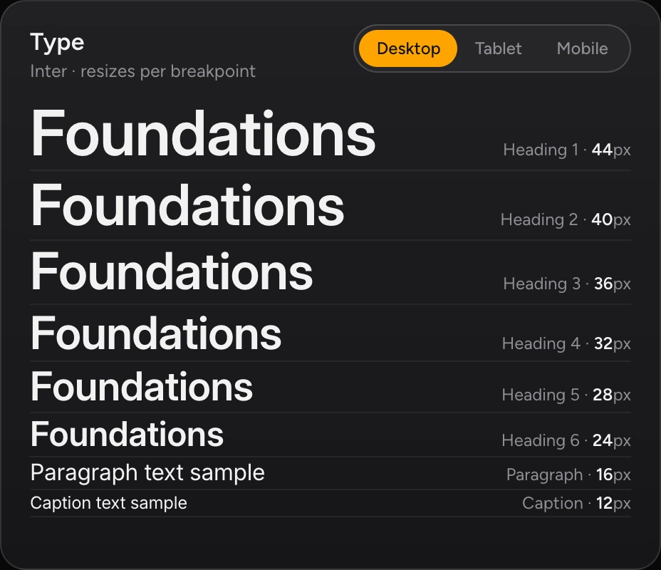 The type scale at Desktop, Tablet and Mobile sizes, then the colour ramps with Justine 500 highlighted