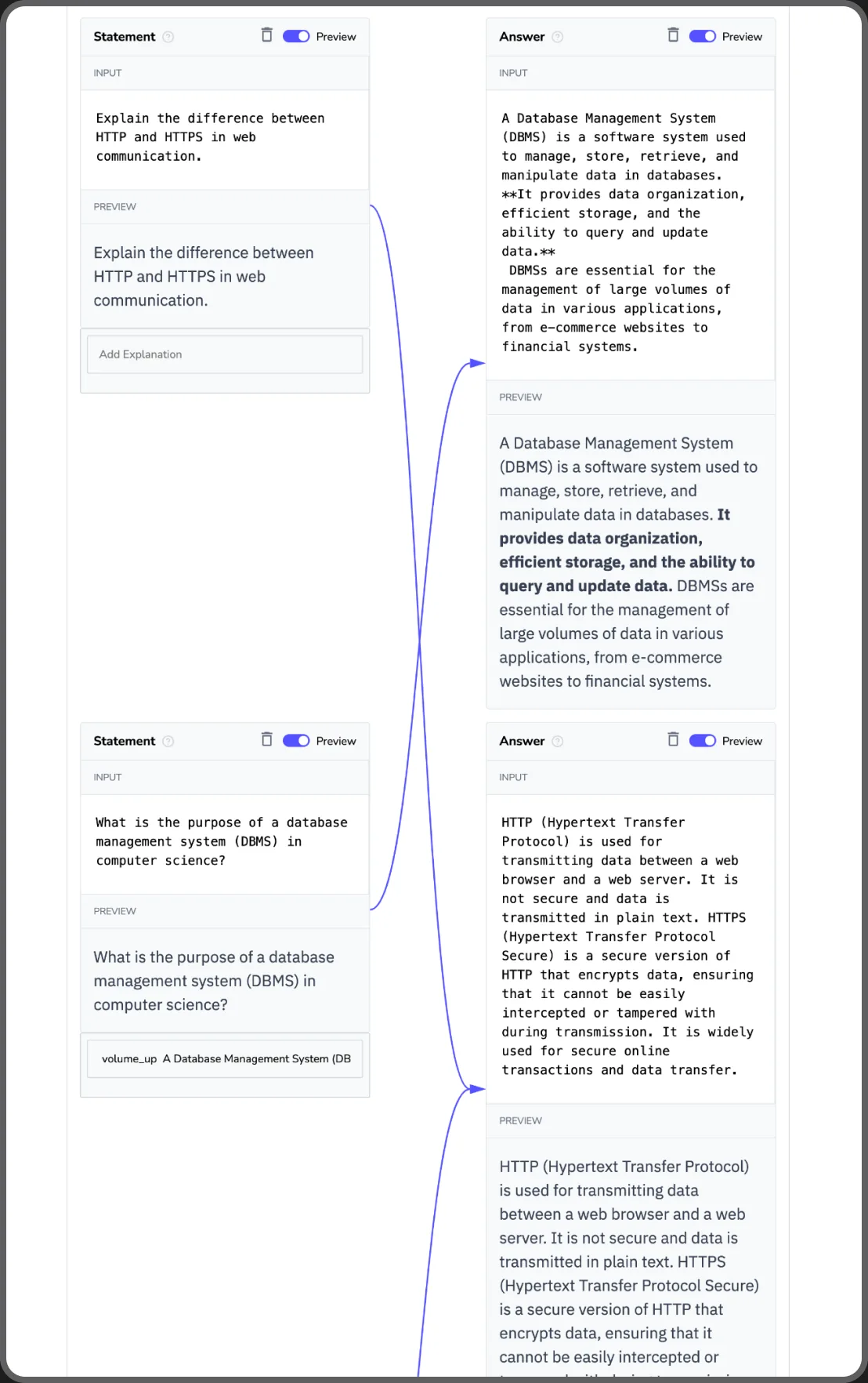 The old MTA widget in the editor: statement and answer fields with a markdown editor and preview