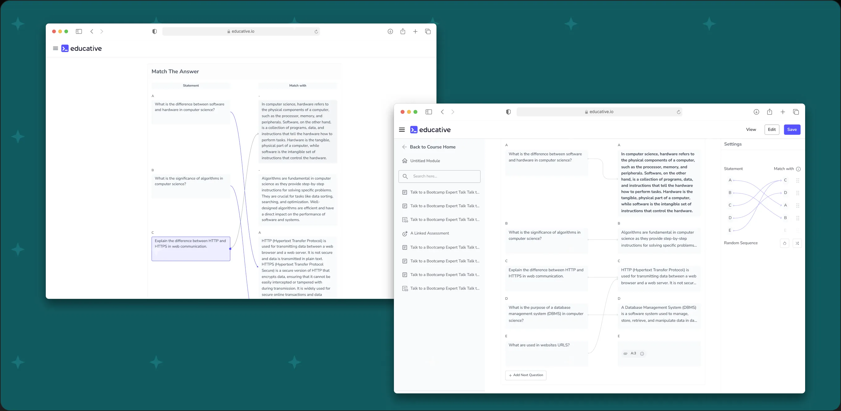 The redesigned Match the Answer widget: the editor view and the learner view