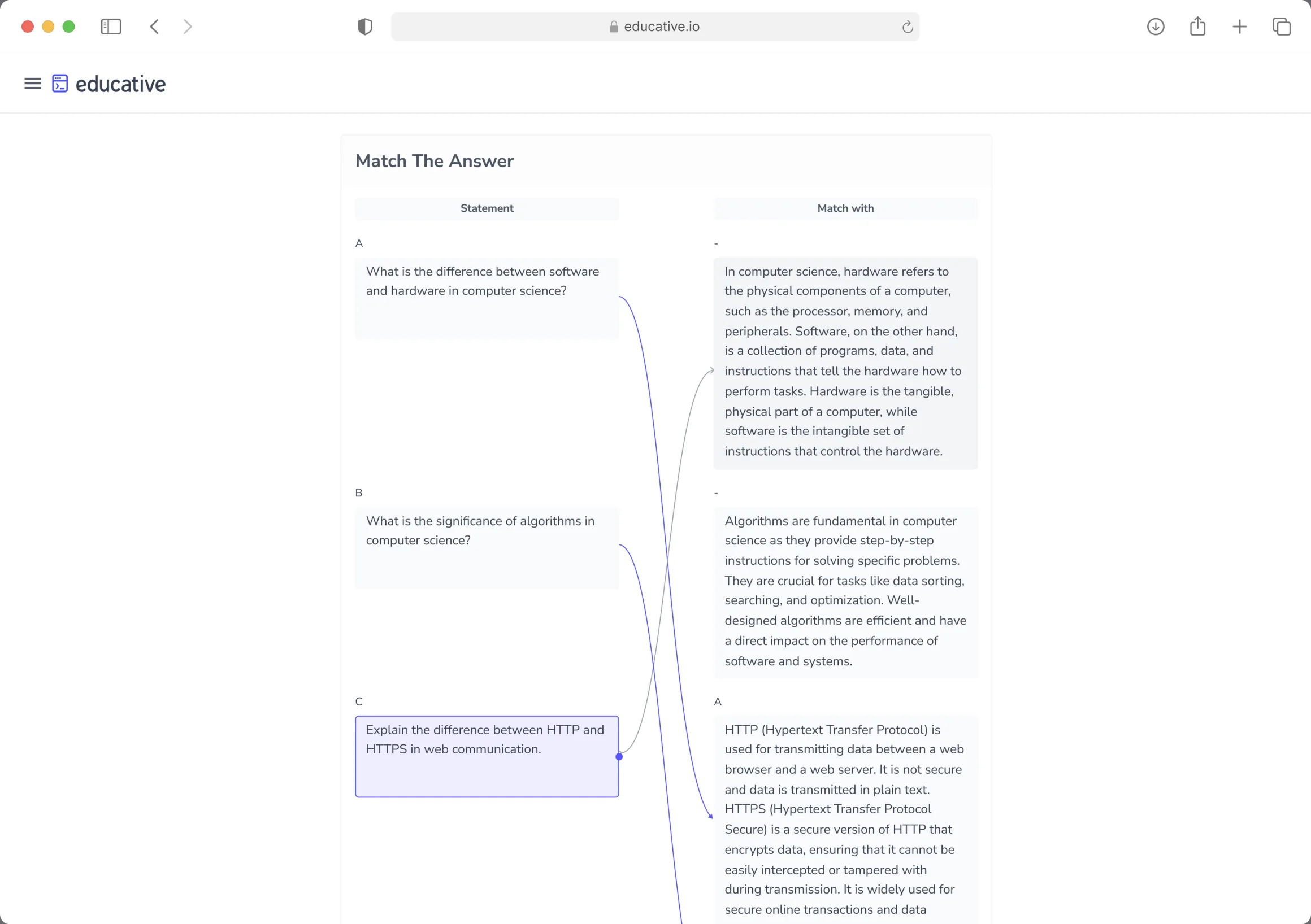 Learner matching questions to answers