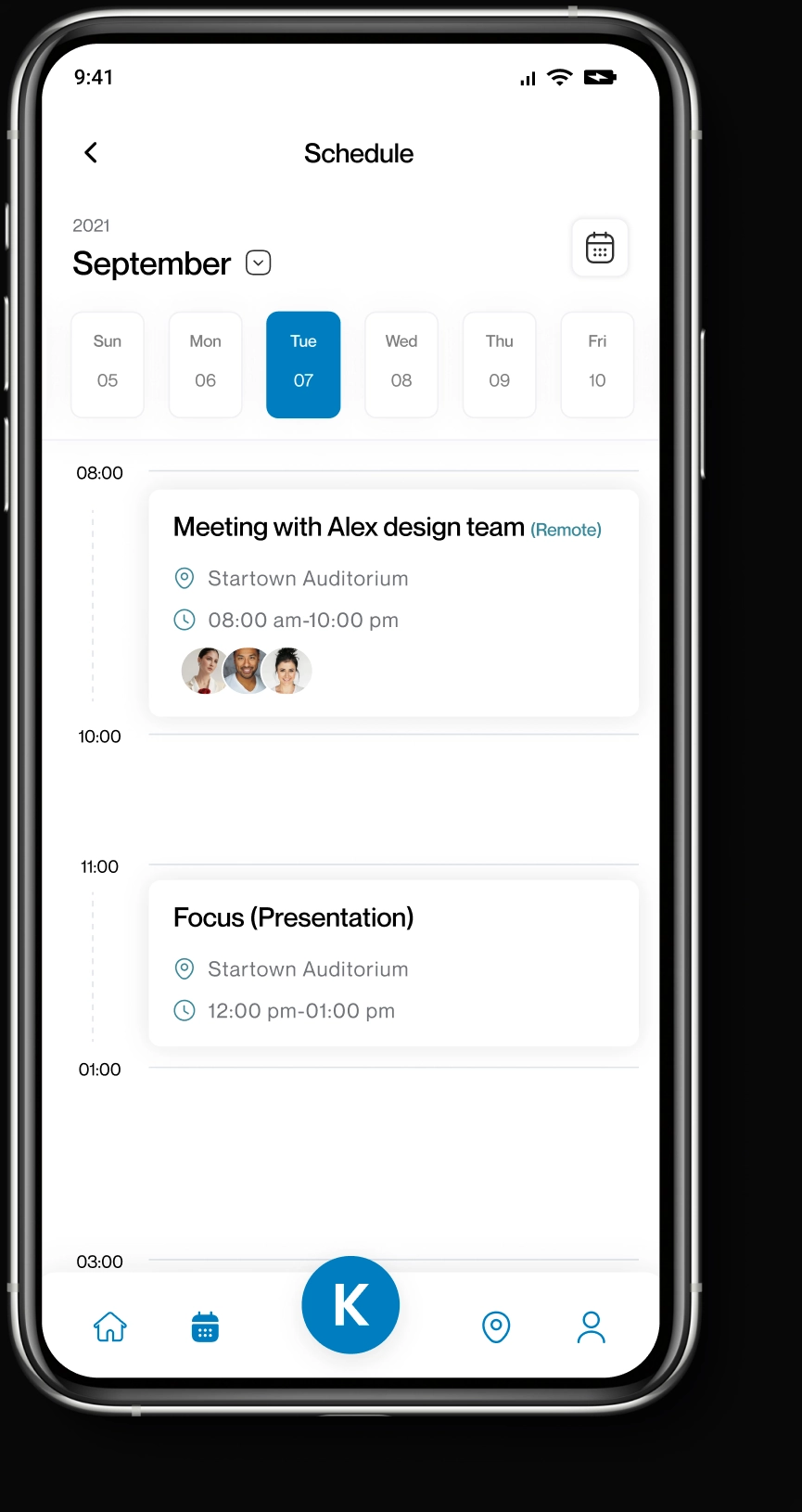 Schedule screen: September, Tuesday 07, meetings on a timeline