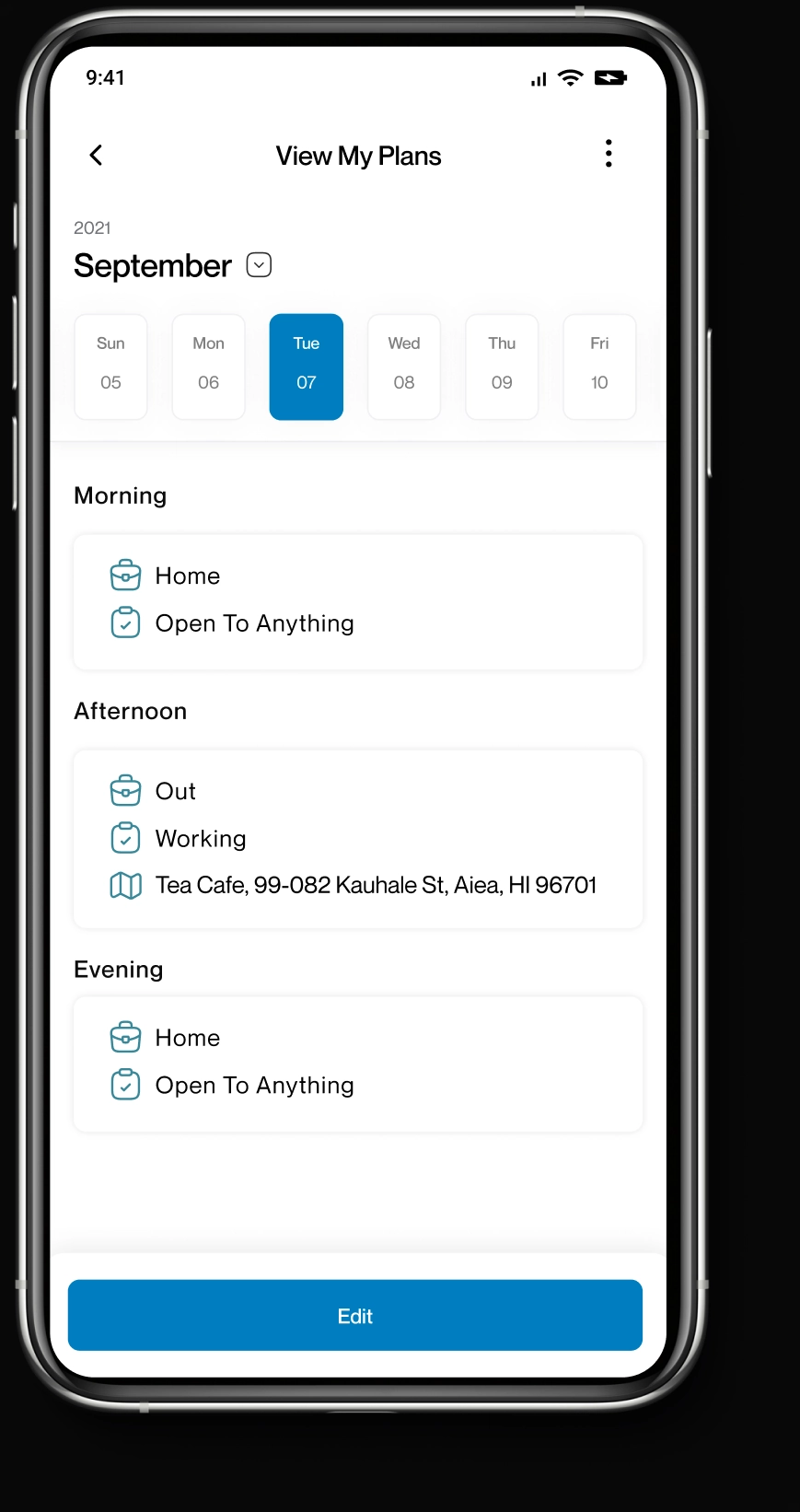 View My Plans screen: morning, afternoon and evening work modes