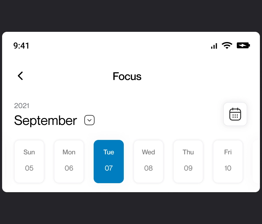 Date picker strip: September, Sunday to Friday, Tuesday 07 selected