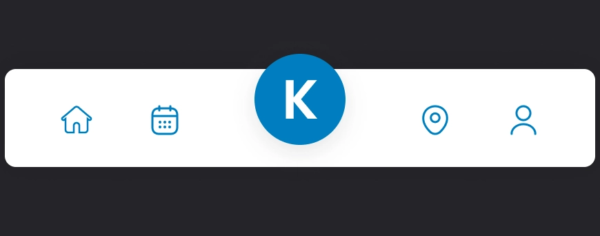 Primary navigation bar with the central K button