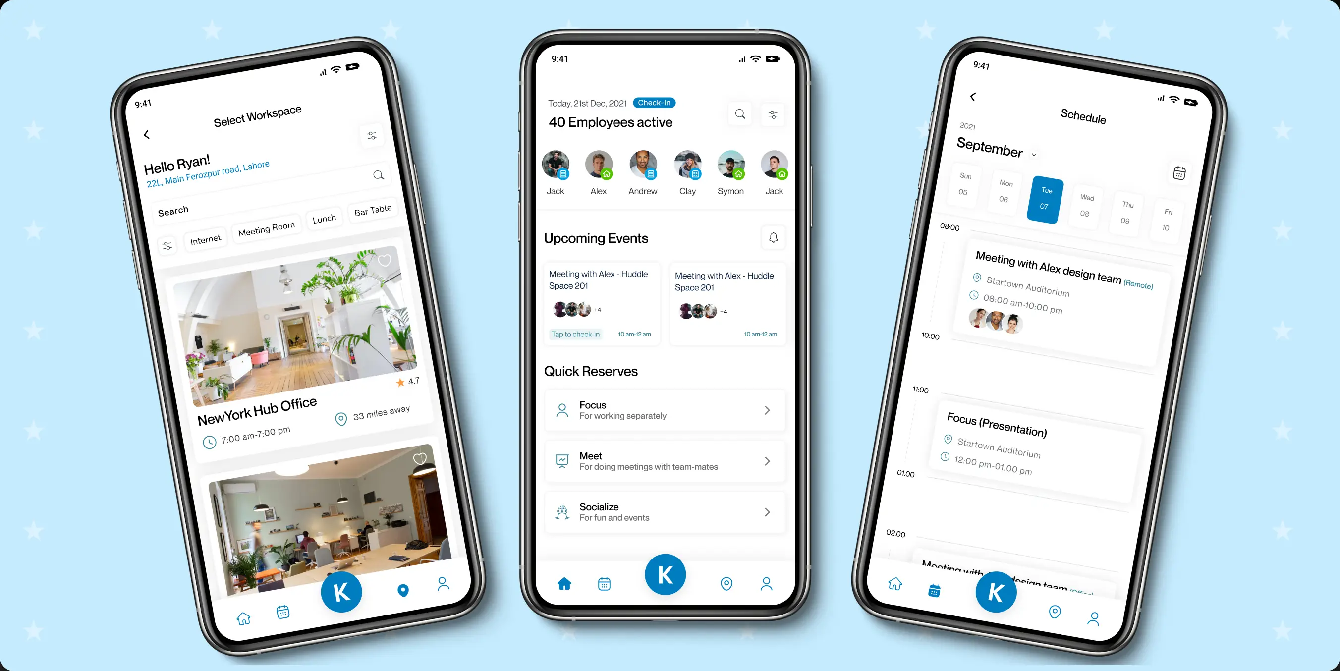 KettleSpace app on three phones: selecting a workspace, the home screen with active employees and upcoming events, and the schedule