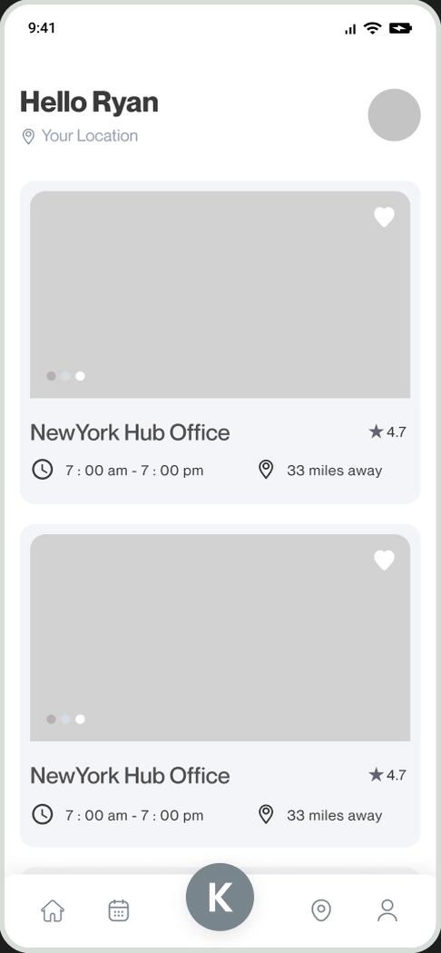 Wireframe: workspace list with New York Hub Office cards