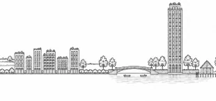 Footer drawing, second attempt: European townhouses