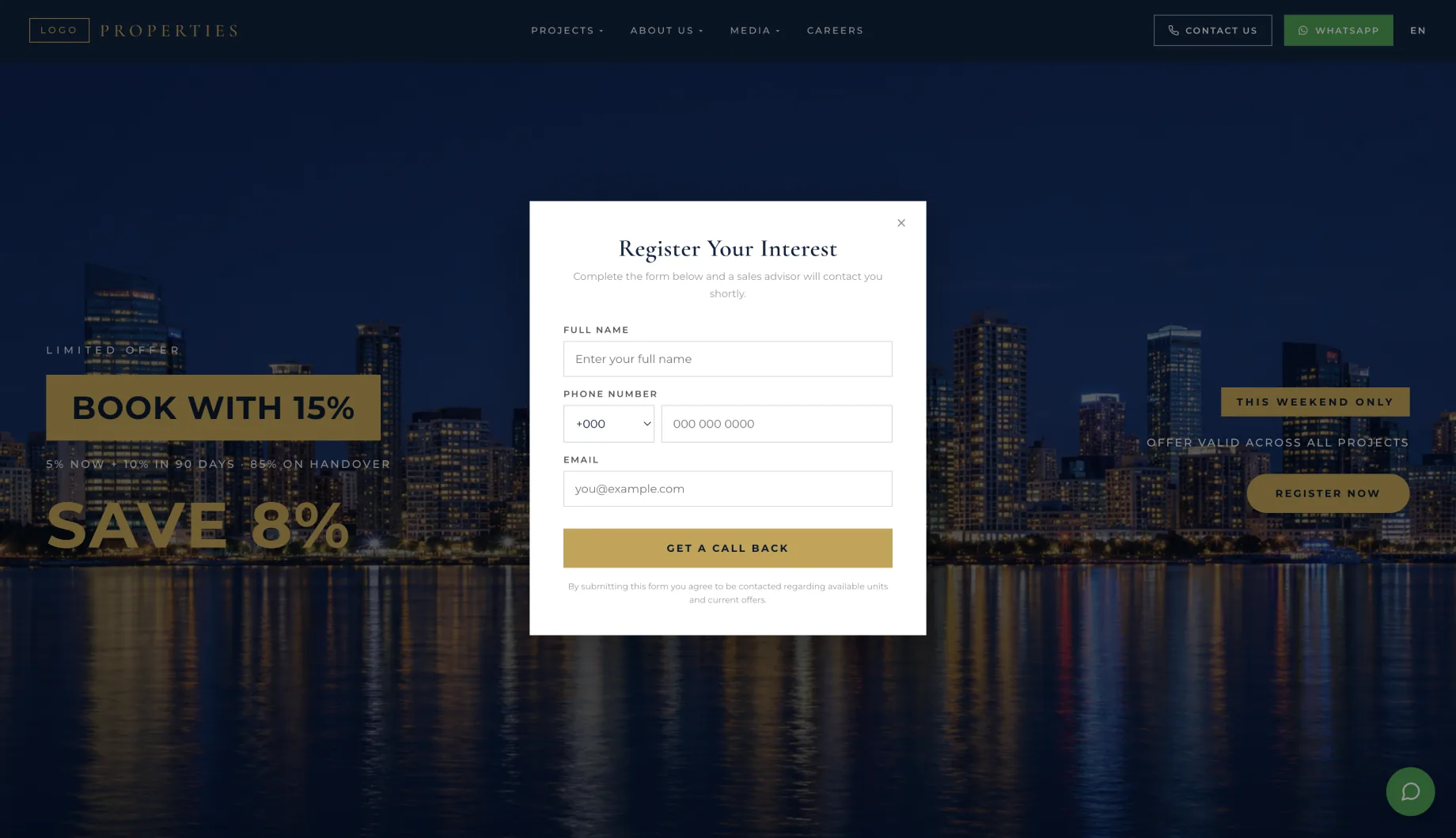 A typical property website: a stock skyline, a discount banner and an enquiry form